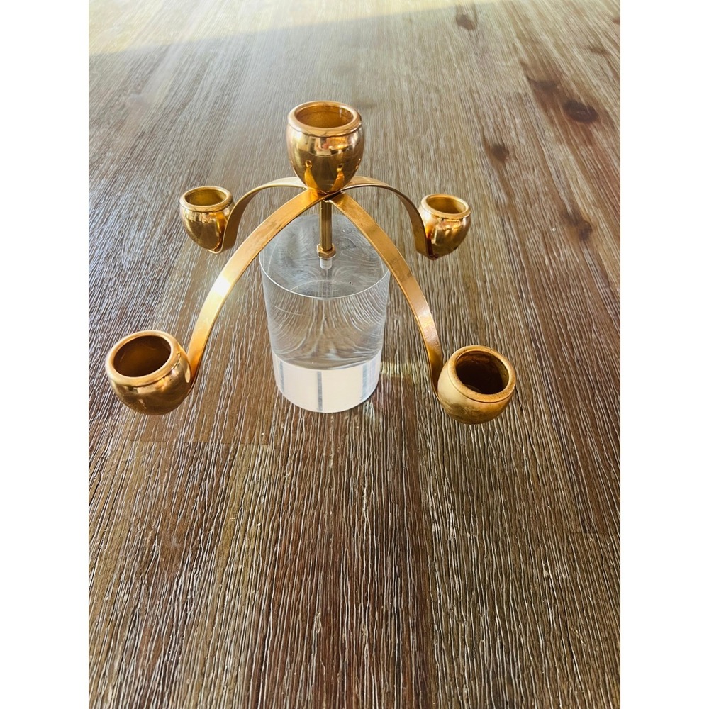 Vintage MCM Lucite & Gold Candelabra 5 Light Taper Candle Holder Dining Decor